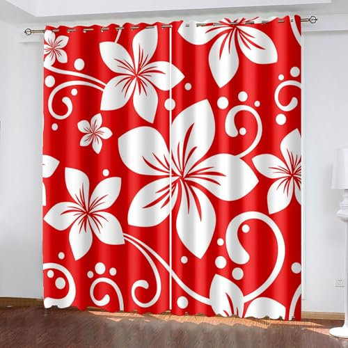 Lirzxin 1 Paire Rideau Occultant Fenetre, Rideaux Opaque Occultant à Oeillets Motif de Fleurs et Pois Rond Rideau de Fenêtre pour Salon Chambre Intérieurs, 96x138 CM(LxH), Rouge Blanc