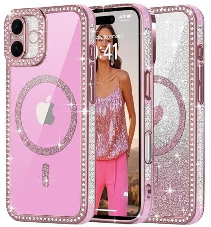 Ethanger for Magnetic Glitter Phone Case for iPhone 16, Sparkling Rhinestone Border with Removable Glitter Insert Compatible with MagSafe Girly Women Cover for iPhone 16, Pink