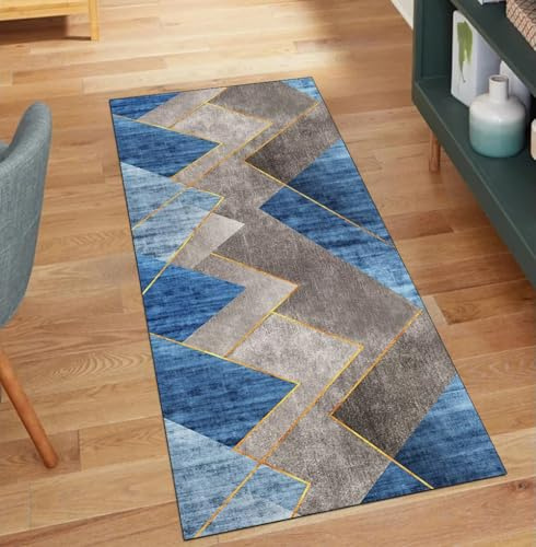 QQrunner Teppich Läufer Flur Waschbar, rutschfest Grau Blau 100x700CM Teppichläufer Lang Meterware Patchwork Küchenläufer Korridor Polyester Wohnzimmer Schmutzfangmatte