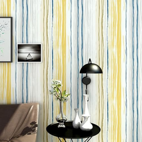 ESSMOKO Tapete Blaue und gelbe vertikale Streifen bunte selbstklebende PVC Tapete Schlafzimmer Wohnzimmer Büro Geschäft mediterraner Stil Hintergrundbild blaue und gelbe Streifen 53 * 300cm