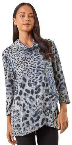 Roman Women's Cowl Neck Long Sleeve Tunic Ladies Lightweight Longline Patterned Top Blouse Snit Autumn Winter Work & Casual Smart Wear Going Out Party Loungewear - Petite Grey Noir - Size 18