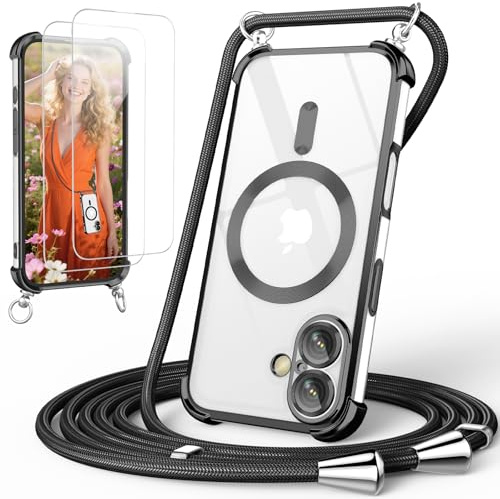 GOODVISH Handykette für iPhone 16 Hülle mit Band Magnetisch, Schwarz | mit 2 Stück Schutzfolie, mit Kamera Schutz, Necklace Handyhülle mit kette für 16 6,1, Transparent 360° Schutz Case