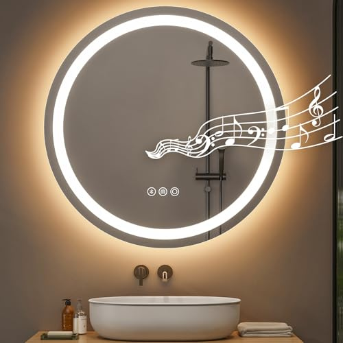 Warmiehomy Bluetooth Bathroom Mirror with Lights,Round 500mm Illuminated LED Bathroom Mirror 3 Colour Dimmable Lights Demister Pad Touch Switch,Aluminium Frame