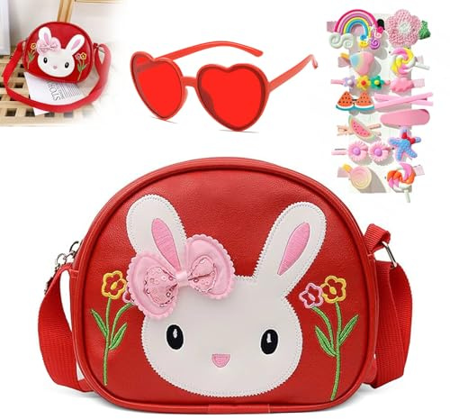 dogmoon Teenager Kaninchen Tasche, Handtasche Prinzessin mit 1 Stück Brille und 14 Stück Haarklemmer, Teenager Hase Geldbörse PU Leder Prinzessin Mini Handtasche