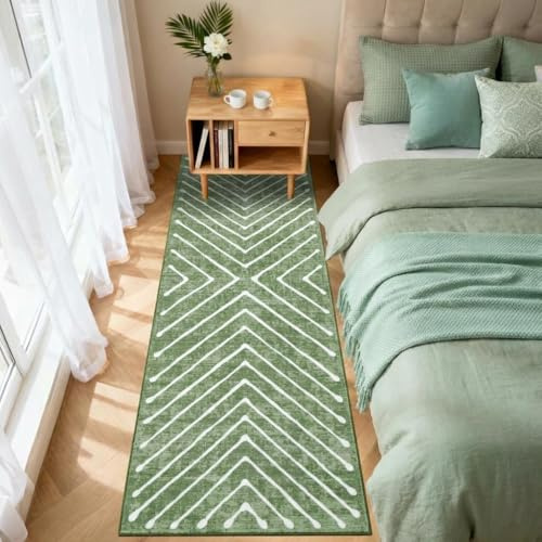LuxFocus Waschbarer Teppich Läufer 60x180 cm, Rutschfester Flurteppich Modern Geometrisch, Küchenläufer Kurzflor, Faltbar & Pflegeleicht für Eingangsbereich, Grün