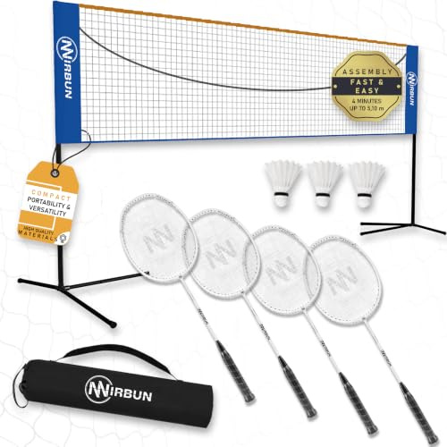 Nirbun – Badminton-Set für 4 Spieler mit Netz | Professionelle Schläger + 3 Federbälle + Tragetasche | Robuster Metallrahmen | 5,1 m Netz | Familienspiel für drinnen und draußen