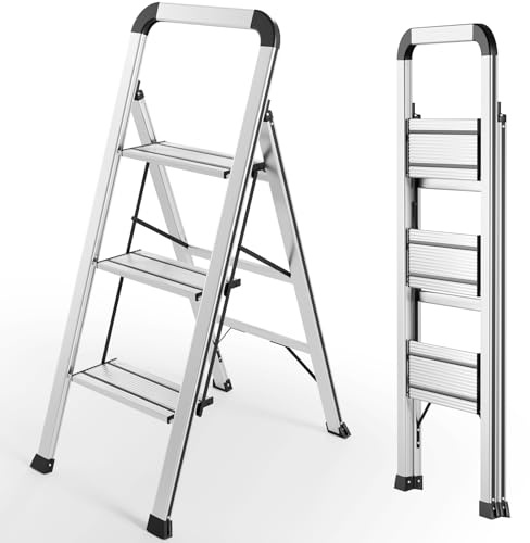 TLGREEN Aluminium stegstege med ledstång 3-stegs fällbar stege | rostsäker halkfri lätt | stående stege hushållsstege multifunktionell | kan belastas upp till 150 kg för kök kontor hem trädgård
