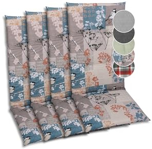 GO-DE Textil Bequeme und attraktive Polsterauflagen für Hochlehner-Gartenstühle (4er-Set, Blattmotiv-Natur Taupe, Hochlehner)