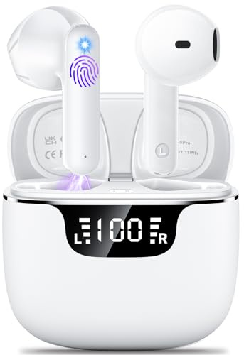 Ecouteurs Bluetooth sans Fil, kauguo Oreillette Bluetooth 5.4 avec 4 ENC Réduction Antibruit Mic HiFi Stéréo 42H Durée Écran LED Contrôle Tactile IPX6 Étanche Écouteurs sans Fil pour iOS Android Blanc