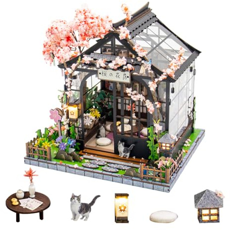 Diymnhaus-Miniature Dollhouse Kit DIY Japanese-Style Cherry Blossom Greenhouse Architectural Model Adult Wooden Craft Assembly Kit Miniature Decorative Ornament Romantic