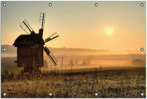 Wallario Outdoor-Poster für Garten oder Balkon Morgendämmerung am Mühlenfeld, Motivbanner Größe: ca. 80 x 120 cm, Outdoor-Bild