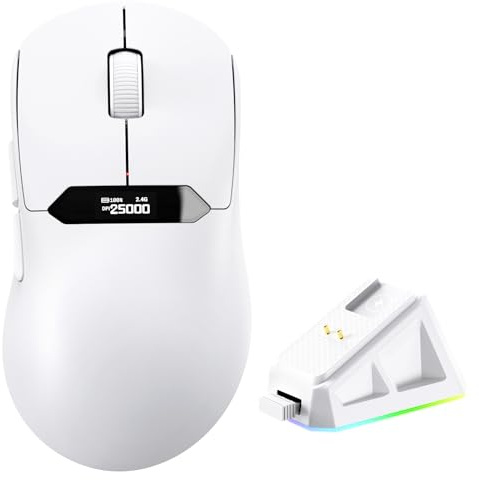 MAGIC-REFINER R1 Wireless Gaming Mouse with RGB Magnetic Charging Dock, PAW3311 Gaming Sensor, 25000DPI, Bluetooth/2.4G Wireless/Wired Mice, Digital Display Screen, Web Driver for PC/Mac-White A