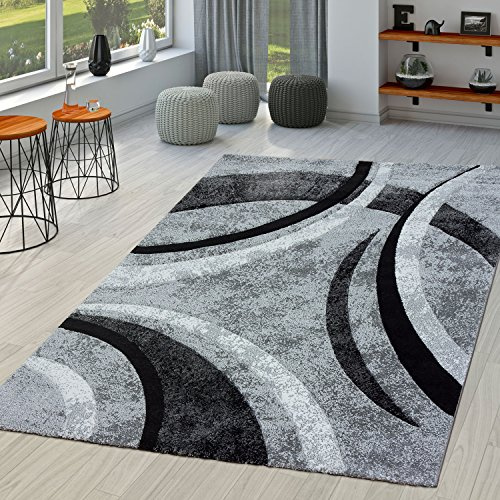 TT Home Teppich Wohnzimmer Gestreift Modern mit Konturenschnitt in Grau Schwarz Meliert, Größe:120x170 cm