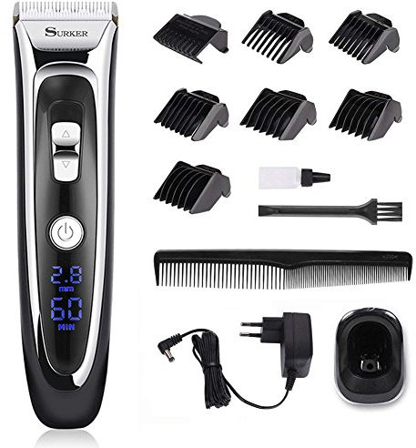 Surker RFC-688B Haarschneidemaschine Elektrischer Präzisions-Trimmer mit Titan-Keramik-Klinge, LED-Anzeige, Lithium-Batterie, wiederaufladbar, Schwarz/Silber