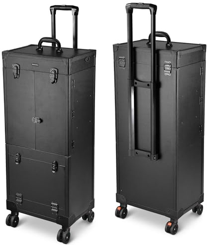 BYOOTIQUE Rolling Makeup Case Trolley Cosmetic Organizer Stroage Hair Stylist Barber Extendable Tray Hairdressing Beauty Salon Lockable, Black, 34.6 x 14 x 11 inches, Minimalist