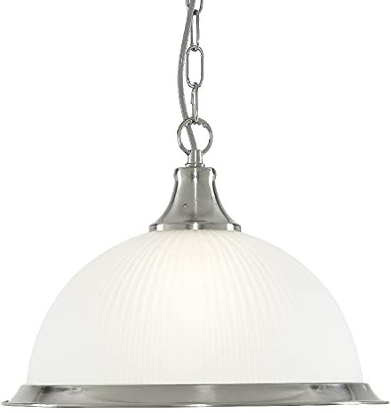 Britalia Satin Silver Chrome & Frosted Ribbed Glass Dome Vintage Pendant Ceiling Light | 34cm Diameter | 1 x E27 ES Lamp Bulb Required (Not Included) | American Diner Retro Design
