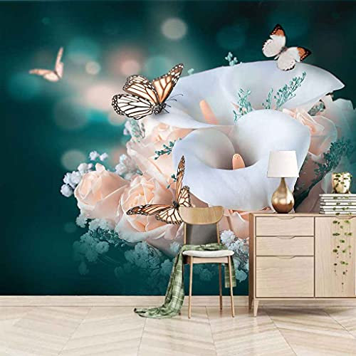 FVGKYS Wandbilder Schlafzimmer Erwachsene Kinder Tapete Plakate 3D Schmetterling Weiße Blumen Selbstklebend Wandgemälde Wandtattoo Kunst Dekoration Für Wohnzimmer Küche Wanddekoration 350x256cm