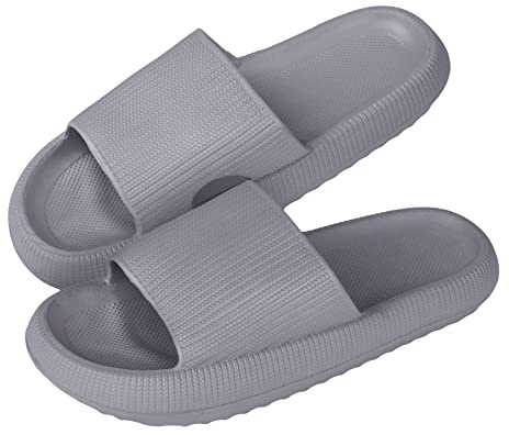 MUYOGRT Cloud Sliders Women Men, Non-Slip Cloud Slippers Women Summer, Soft Flip Flops Bathroom Slippers, Pillow Sliders for Pool Shower Beach(Grey, 9.5/10)