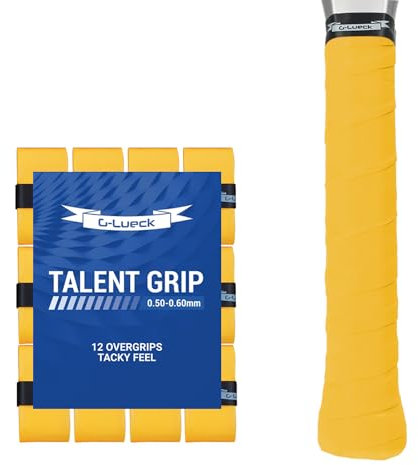 G-Lueck 12er Set Tennis Griffband TALENT GRIP | 0,50-0,60mm Stärke | Overgrip für Squash Badminton Schläger & Kicker inkl. selbstklebendes Abschlußband | sehr griffig, Anti-Rutsch (Gelb)