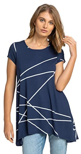 Roman Originals Textured Fan Print Stretch Hanky Hem Top for Women UK - Ladies Everyday Holiday Spring Summer Round Neckline Comfy Soft Evening Vacation Work Party - Navy Ivory - Size 10
