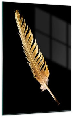 Wandbilder Dekoration Wohnzimmer Golden Feder Schwarz Bilder auf Glas 80x120cm Glasbild Schlafzimmer Küche Deko Wand Kunstdruck Art Groß XXL Wanddeko Bild im Glas Modern Wall Decor GPA80x120-4887