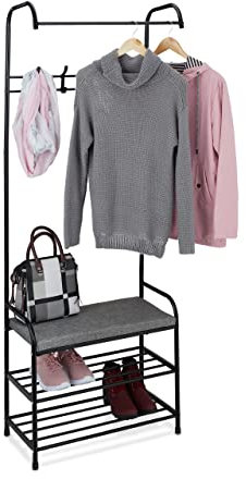 Relaxdays Garderobe mit Schuhablage & Sitzbank, Metall, stehend, Flurgarderobe mit 4 Haken, HBT: 173x64x30 cm, schwarz
