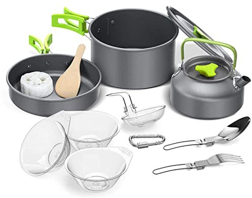 WHYUNM26 12PCs Camping Cookware Non-Stick Lightweight Pot Pan Kettle Set with Bowls Plates Forks Spoons Combination for Backpacking Outdoor Picnic,Green