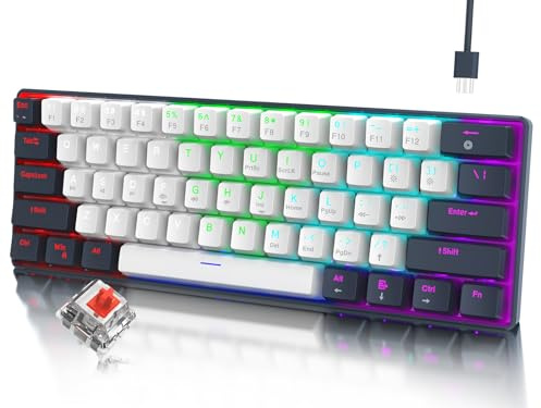 RAZEAK Portable 60 Percent Keyboard, Compact 61 Keys Mini Mechanical Keyboard for PC/Mac Gamer Switchable Colorful Backlit - Red Switch - Black+White