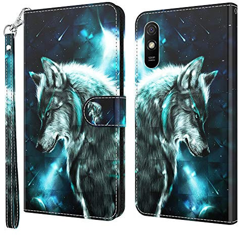 GLANDOTU Handyhülle für Xiaomi Redmi 9A / 9AT 6.53 Zoll Lederhülle [Standfunktion] [Magnetverschluss] Stoßfest Flip PU Leder Cover Case Klapphülle Redmi 9A Schutzhülle -Wolf