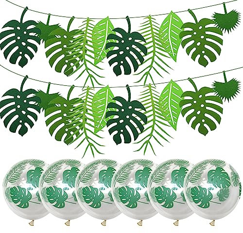 2 Tropische grüne Blattflaggen, mit 6 transparenten grünen Blattballons, Pflanzenbannergirlande, grüne Partydekorationen, Verwendet für Geburtstage, Strandpartys, Dschungel-Themenpartys