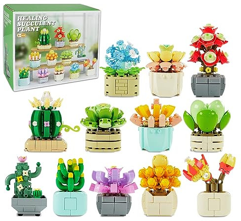 Faittoo Sukkulenten Bonsai Bausets Kreative DIY Blumen Bonsai Spielzeug Set für Erwachsene Bauen Sie 12 Kleine Pflanzen Nicht Kompatibel mit Lego (1095 Teile)