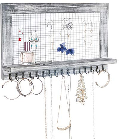 VERGOODR Rustikaler Schmuck-Organizer aus Holz, Wandmontage, Schmuckhalter mit Ablage und 16 Haken, Display für Ohrringe, Halsketten, Armbänder (grau-weiß)
