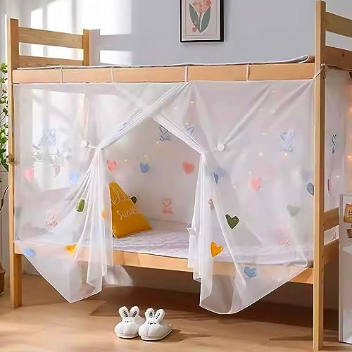 Eimilaly 8 Eckbetthimmel Vorhänge für Mädchen mit bunten Herzen Stickerei, Extra-verschlüsselter Betthimmel für Schlafsaal, Hochbett, 1.2M Bett oder Outdoor Camping