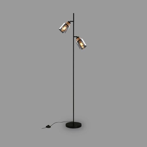 BRILONER – Stehlampe als Deko im Wohnzimmer und Leselampe, Schwenkbare Lampe, Wohnzimmerlampe, Fußtaster, Rauchglas, Schwarz-Holz