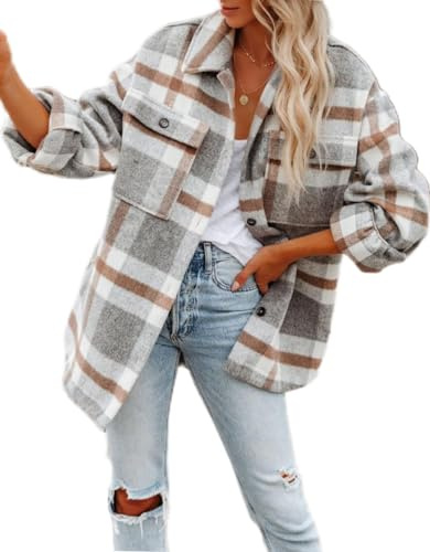 LEKOPUR Rutiga flanellskjortor för kvinnor långärmad shacket kvinnor rutig skjorta blusar vardagliga toppar cardigan höst vinter jacka kappa, Grå, M