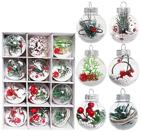 12 Stück Durchsichtige Kunststoffkugeln, Weihnachtskugeln Transparent 6cm Transparente Christbaumkugeln Weihnachtskugeln Baumschmuck Weihnachtsbaumkugeln Plastik Befüllbare Weihnachtskugeln (01)