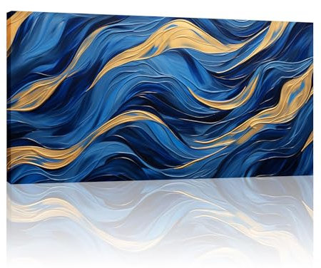 HOLEILUCK Grande toile murale encadrée pour salon - Peinture à l'aquarelle dorée et bleue - 95 x 198 cm - Avec cadre
