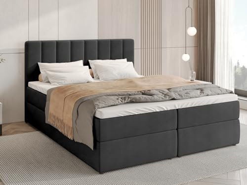 BROMARKT Boxspringbett mit Bettkasten Polsterbett mit Bonell-Matratze und Topper Doppelbett mit Stauraum Bett für Schlafzimmer gepolstertes Kopfteil Denver 180x200 Härtegrad H3 Samtstoff Dunkelgrau