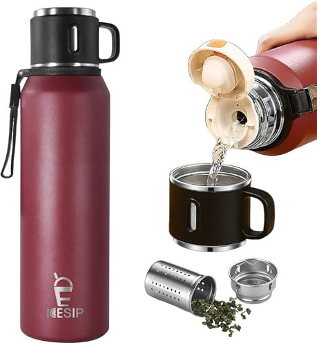 Icesip Edelstahl-Isolierflasche, 1,4 l mit Becher, vakuumisolierte Wasserflasche, Thermo für heiße Getränke/kalte Getränke, 24-Stunden-Isolierung, Pendeln, Reisen