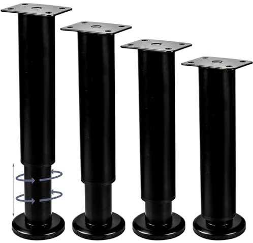 Lot de 4 pieds de meubles réglables de 35 à 66 cm, cadre de lit en métal noir, pieds de support de canapé, pieds de rechange robustes pour armoire, table, canapé, bureau