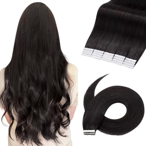 TESS Tape Extensions Echthaar 20 Stück, 60 cm #1B Naturschwarz, 50G/Pack Skin Weft Echthaar Extensions Tape 2.5g/stk Glatt Remy Haarverlängerung