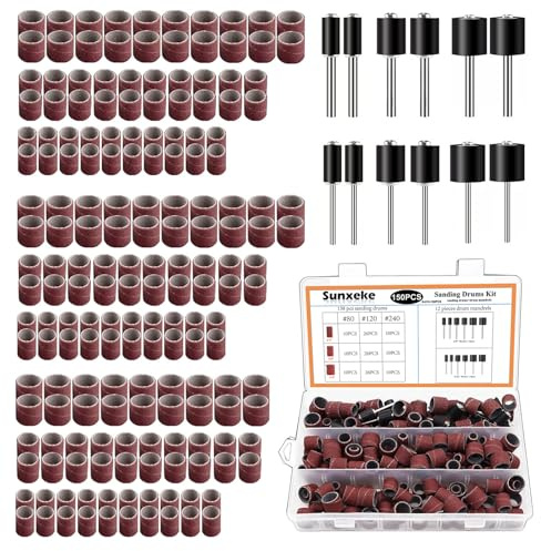 Sunxeke Sanding Drum Set for Most Rotary Tools-Includes 138 Aluminum Oxide Sanding Sleeves for Drum Sanders (80,120,240 Grit) and 12 Drum Mandrels-Sanding Bits Tool Accessories with Box