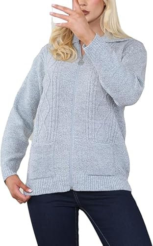 Womens Zipped Cable Knit Long Sleeve Collar Cardigan, Ladies Classic Chunky Winter Knitwear Zip Through Fasten with Pockets Pullover Jumper Top Zipper UK Plus Size 8-22, Silver Grey -16-18