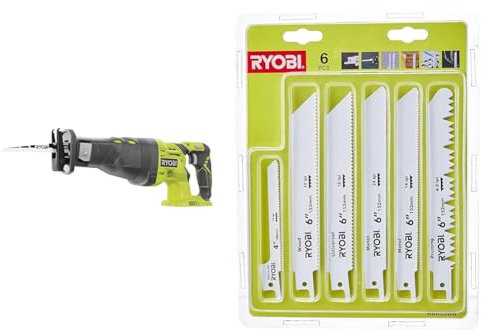 RYOBI - Scie sabre 18V - 0-2 900 cp/min - course de lame 28 mm - capacité bois 200 mm - système anti-vibration - Livrée avec 1 lame - R18RS-0 & Blister 6 lames panachées scie sabre - RAK06RB