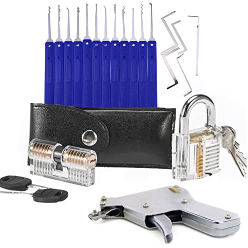 2 transparente Schlösser mit 15 Pick-Haken, 1 x Dietrich-Pistole, Schlosser, Anfänger-Trainingsset (blau)