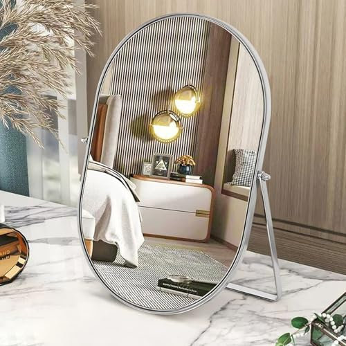 Miroir de Bureau Ovale avec Cadre en métal pivotant à 90° – Miroir de Table Portable Haute définition pour comptoir, Coiffeuse, Salon, Chambre à Coucher, Salle de Bain – Grand Argent