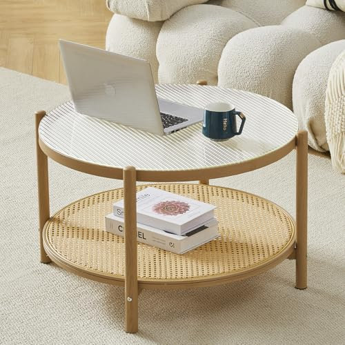 COSVALVE Boho Rattan Coffee Table, Round Glass Metal Center Table, Modern Simple 2 Tier Middle Table for Small Space Living Room Bedroom Office Meeting Room
