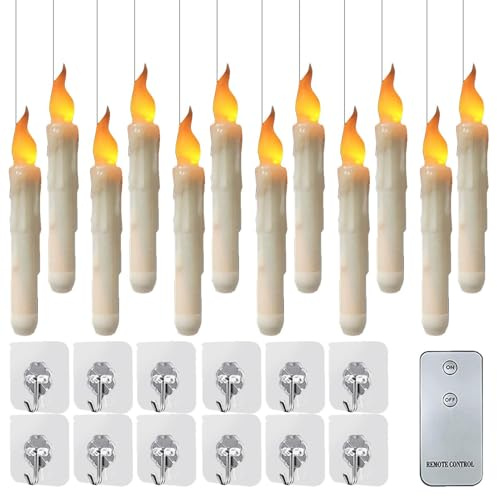 Vjeybv 12 x Floating Taper Candles, Flameless Electirc Hanging LED Magic Candles, Battery Operated Flameless Tapered Fake Candles Flickering with Remote Control for Home Room Party Table Ceiling Centr