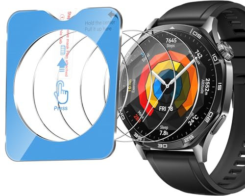 Funrae Protector de Pantalla Compatible con Huawei Watch GT5 GT 5 46mm/Watch GT 5 Pro 46mm Con Marco de Montaje [4 piezas], Cristal Templado Protective Film [No Burbujas] HD 9H Vidrio Templado Saver