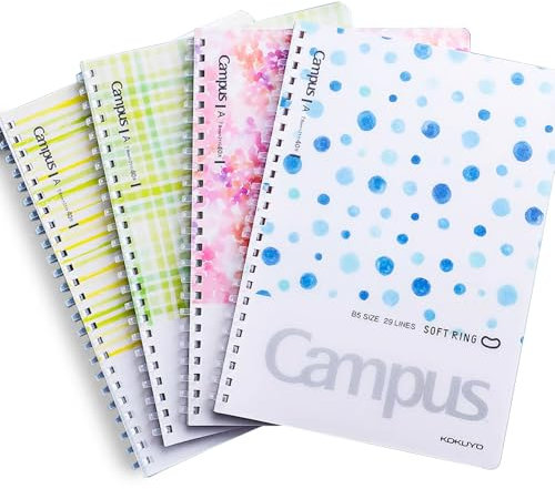 Kokuyo Spiral Notebook Journal, 4 Pack Campus B5 Soft Ring Notebooks with Dotted A 7mm Rule, 40 Sheets, Aesthetic 1 Subject Notebook in Blue Pink Yellow Green, College Office Note Taking. Japan Import
